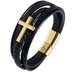 ***COI Titanium Black/Gold Tone/Silver Cross Genuine Leather Bracelet With Steel Clasp(Length: 8.46 inches)-01981BB