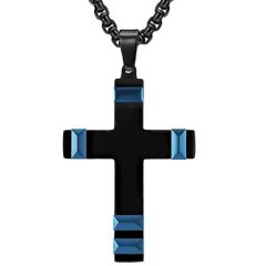 ***COI Titanium Black Gold Tone/Blue Cross Pendant-02004BB
