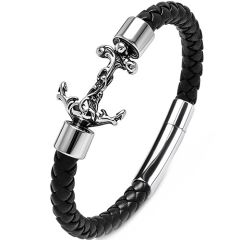 ***COI Titanium Anchor Genuine Leather Bracelet With Steel Clasp(Length: 8.27 inches)-02007BB