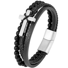 ***COI Titanium Gold Tone/Silver Cross Genuine Leather Bracelet With Steel Clasp(Length: 9.06 inches)-02009BB