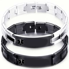 ****COI Titanium Black Silver/Black Medical Alert Bracelet With Steel Clasp(Length: 7.87 inches)-02045BB