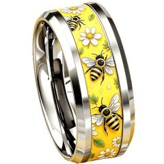 ****COI Titanium Bee & Floral Beveled Edges Ring-02049BB