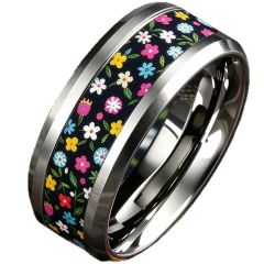 ****COI Titanium Black Rainbow Floral Beveled Edges Ring-02063BB