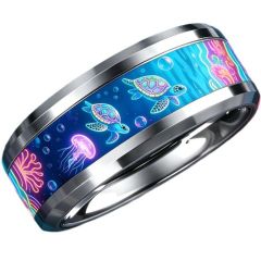 ****COI Titanium Turtle Jellyfish Sea & Bubble Beveled Edges Ring-02064BB