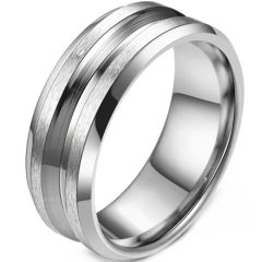 ****COI Titanium Black Silver/Silver Center Groove Beveled Edges Ring-02085BB