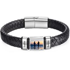 ****COI Titanium Black/Silver Custom Photo & Engraving Genuine Leather Bracelet With Steel Clasp(Length: 8.27 inches)-02116BB