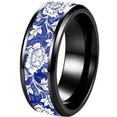 ****COI Titanium Black/Silver Floral & Leaves Beveled Edges RIng-02122BB