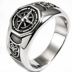 ****COI Titanium Black Silver Compass & Celtic Ring-02134BB