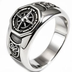****COI Titanium Black Silver Compass & Celtic Ring-02134BB