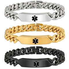 ****COI Titanium Black/Gold Tone/Silver Medical Alert Bracelet With Steel Clasp(Length: 8.27 inches)-02149BB