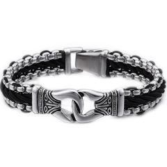 ****COI Titanium Black Silver Genuine Leather Bracelet With Steel Clasp(Length: 8.66 inches)-02155BB