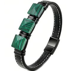 ****COI Titanium Tiger Eye/White Turquoise/Green Malachite Genuine Leather Bracelet With Steel Clasp(Length: 8.27 inches)-02156BB