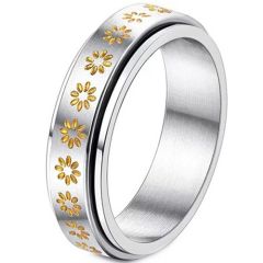 ****COI Titanium Gold Tone Silver Sunflower Rotating Ring-02163BB