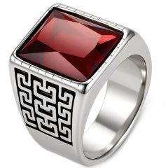 ****COI Titanium Greek Key Pattern Ring With Black Onyx/Created Red Ruby/Green Emerald-02206BB