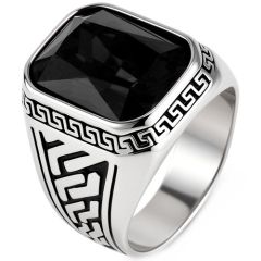 ****COI Titanium Greek Key Pattern Ring With Black Onyx/Created Red Ruby/Green Emerald-02207BB
