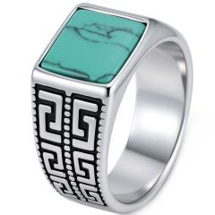 ****COI Titanium Black Silver Greek Key Pattern Ring With Tiger Eye/Black Onyx/Turquoise-02215BB