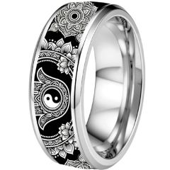 ****COI Titanium Black/Silver Ying Yang Beveled Edges Ring-02219BB