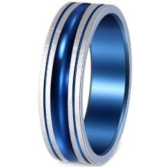 ****COI Titanium Blue Silver Double Grooves Ring-02228BB