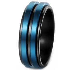 ****COI Titanium Black Blue Gold Tone Center Groove Step Edges Ring-02234BB