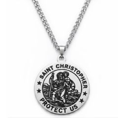 ****COI Titanium Silver/Gold Tone Saint Christopher Protect Us Pendant-02239BB