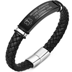 ****COI Titanium Black/Silver Medical Alert Genuine Leather Bracelet With Steel Clasp(Length: 8.27 inches)-02248BB