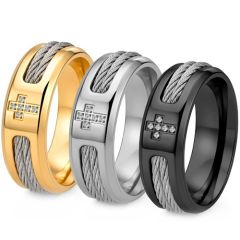 ****COI Titanium Black/Silver/Silver Wire & Cross Ring With Cubic Zirconia-02253BB