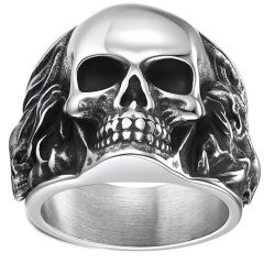 ****COI Titanium Black Silver Skull Ring-02270BB