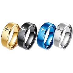 *COI Titanium Black/Gold Tone/Blue/Silver Cross Beveled Edges Ring - 3537