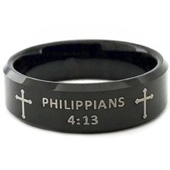 COI Black Titanium Cross Beveled Edges Ring With Custom Scripture- 5418