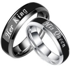 COI Titanium King Black Silver His Queen Her King Beveled Edges Ring-5441