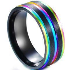**COI Black Titanium Rainbow Color Center Groove Step Edges Ring-5572