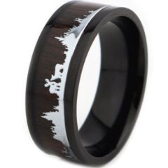 *COI Titanium Black/Rose Hunting Scene Pipe Cut Flat Ring With Wood-6891BB