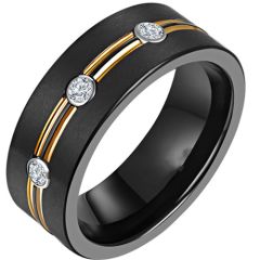 *COI Titanium Black Gold Tone Double Grooves Ring With Cubic Zirconia-6901AA