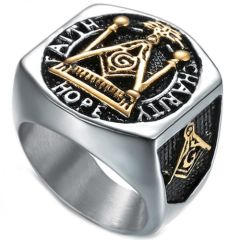 **COI Titanium Gold Tone Black Masonic Freemason Ring-6983AA