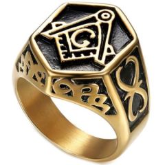 **COI Titanium Gold Tone Black Masonic Freemason Ring-6985AA