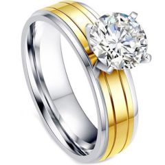 **COI Titanium Gold Tone Silver Solitaire Ring With Cubic Zirconia-7005AA