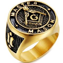 **COI Titanium Black Gold Tone Masonic Freemason Ring-7029AA