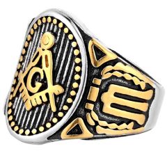 **COI Titanium Black Gold Tone Masonic Freemason Ring-7084