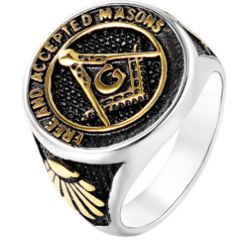 **COI Titanium Gold Tone Silver Masonic Freemason Ring-7091