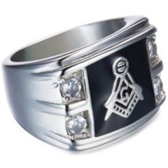 **COI Titanium Gold Tone/Silver Black Masonic Freemason Ring-7152AA