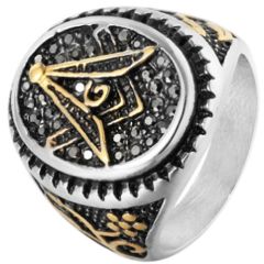 **COI Titanium Black Gold Tone Silver Masonic Freemason Ring With Cubic Zirconia-7179
