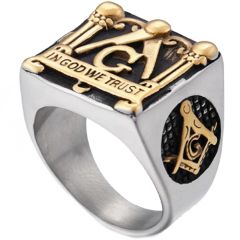 **COI Titanium Black Gold Tone Silver Masonic Freemason Ring-7195AA