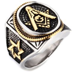 **COI Titanium Black Gold Tone Silver Masonic Freemason Ring-7198AA