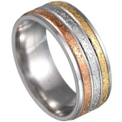**COI Titanium Gold Tone Rose Silver Sandblasted Grooves Ring-7305