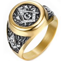 **COI Titanium Black Gold Tone Masonic Freemason Ring-7358AA