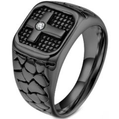 **COI Titanium Black/Silver Cross Ring With Cubic Zirconia-7393BB