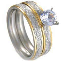 **COI Titanium Gold Tone Silver Solitaire Ring Wedding Set-7405BB(A Set With Two Rings)