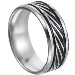 **COI Titanium Black Silver Grooves Beveled Edges Ring-7408BB