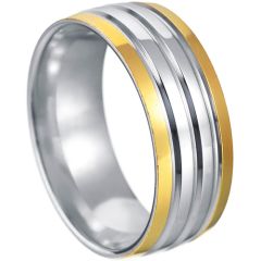 **COI Titanium Gold Tone Silver Grooves Dome Court Ring-7410BB