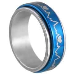 **COI Titanium Blue Silver Heartbeat & Heart Step Edges Ring-7413BB